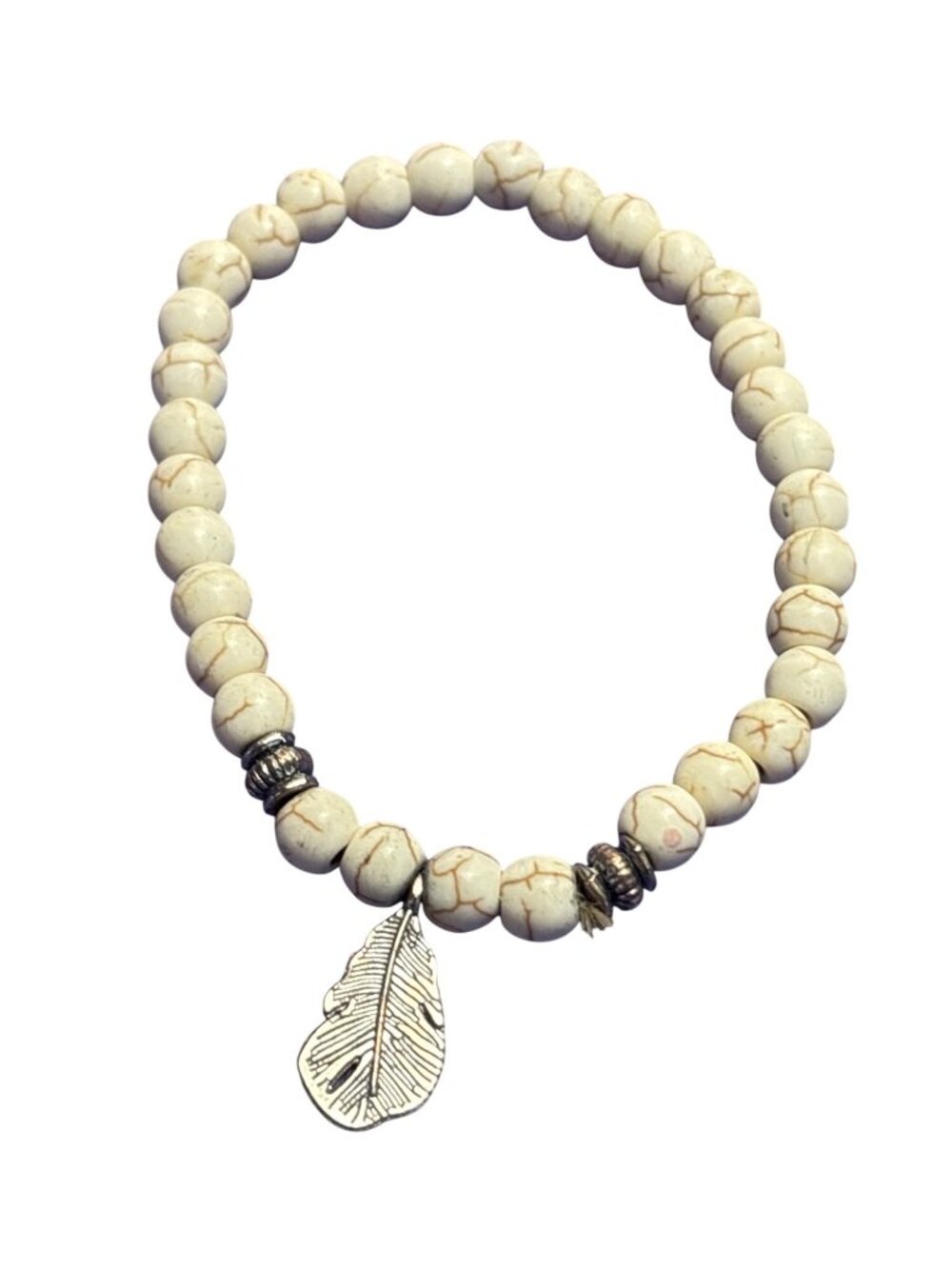 Beaded Howlite Silvertone Feather Charm Stretchy Bracelet Rustic Unstretched